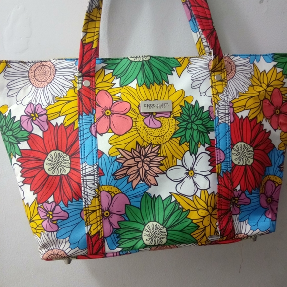 CHOCOLATE NEW YORK EUC FORAL TOTE BAG ZIPPER CLOSURE BEAUTIFUL COLORS VERY CLEAN - Picture 5 of 13
